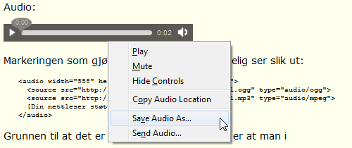 Høyreklikking på et innbakt element i en nettleser gir som regel en slik meny. Lagre audio.